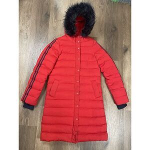 Boden Parka Coat Womens Size 2‎ Red Down Puffer Fur Hood Full Length